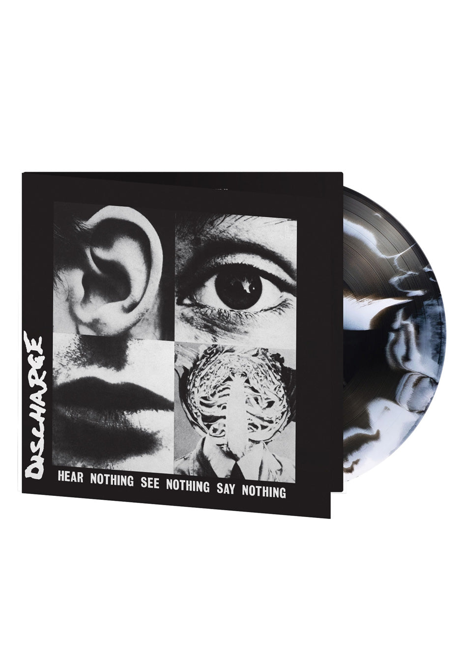 Discharge – Hear Nothing See Nothing Say Nothing Ltd. Black/White Swirl – Colored Vinyl record cover